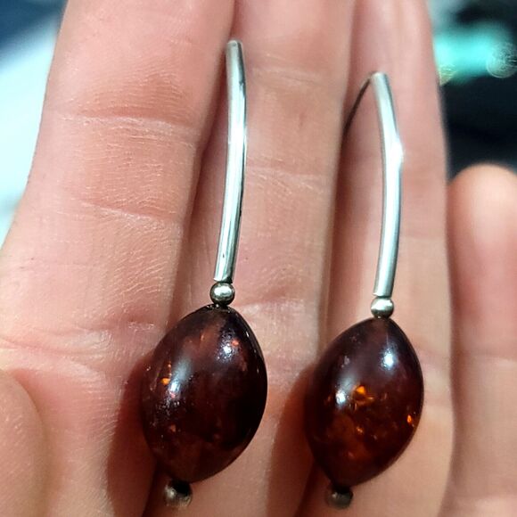 Baltic Amber Cherry Drop Sterling Silver Earrings - Picture 5 of 7